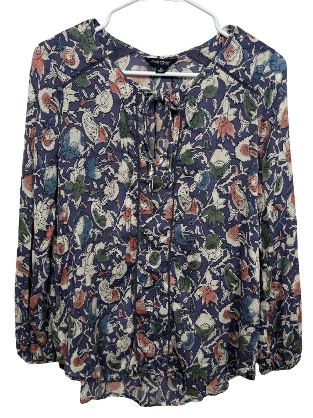Lucky Brand Top Blouse Womens Medium Blue Multicolor Floral Boho Lightweight